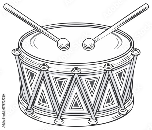 Classic Line Art Drum Illustration with Beaters Drumming Musical Instrument