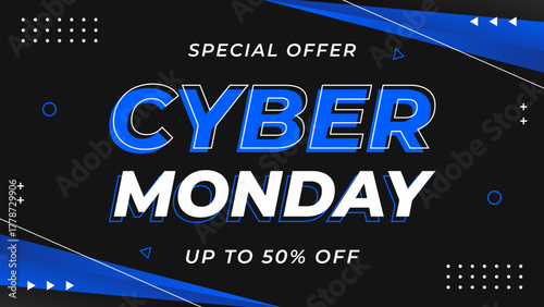 Cyber Monday sale banner template with modern blue and black geometric background, special offer up to 50% off, suitable for sales promotion, digital marketing, events, social media ads, web and pages