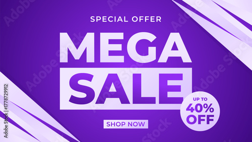 Mega sale banner template with modern purple abstract background, up to 40% off, suitable for sales promotion, marketing ads, e-commerce, events, social media, web and pages