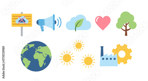 Protecting Earth and Promoting Clean Energy: Environmental Awareness Icons Promoting Sustainability and Combating Pollution for a Greener Future, Advocating Change with Eco-Friendly Lifestyle Choices,