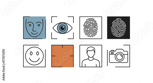 Biometric Authentication Vector Icons Set: Security Measures for Access Control, Technology, and Data Protection - Featuring Face Recognition, Eye Scan, Fingerprint Scan, and Camera Capture for Secure