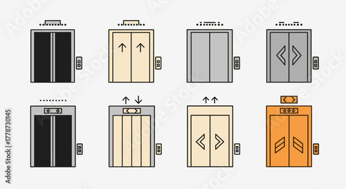 Elevator Doors Illustrations Displaying Various Opening Styles for Architectural Blueprints and Modern Building Design Presentations, Suitable for Corporate Communications and Website Design Projects