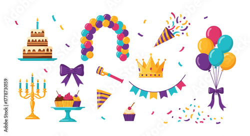 Festive Party Decorations Arranged for Celebration: Colorful Balloons, Cake, Confetti, Crown, and Banner, Perfect for Birthday, Anniversary, Events Illustration in Vector Graphics for Invitations, Pos