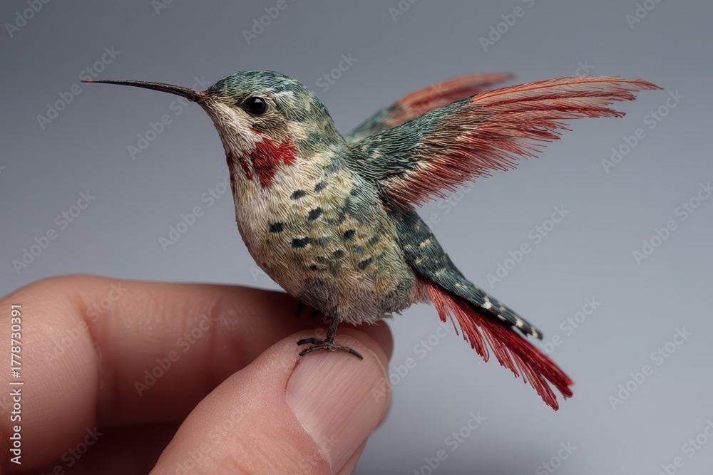 Fototapeta premium Realistic model of a hummingbird displayed in a hand showcasing intricate feather details and vibrant colors