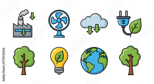 Ecological Sustainability Icons Representing Environmental Conservation, Global Ecology, and Green Technology, Promoting Renewable Energy Solutions for a Sustainable Future, Emphasizing Environmental