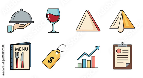 Restaurant Service & Dining Icons: Conceptual Set Illustrating Fine Dining, Menu Options, Pricing Strategy & Customer Service - Ideal for Presentation, Website, Menu Design & Marketing Materials, Feat