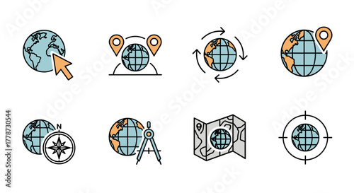 Global Navigation Icons Exploring Worldwide Connections: Business Expansion, Travel Planning, and International Cartography Projects, Featuring Globe, Map, Compass, and Location Pin Symbols for Geogra