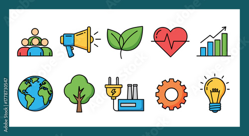 Sustainability and Corporate Social Responsibility Icons Representing Ecological Balance, Green Initiatives, Renewable Energy for Eco-Conscious Business Practices and Environmental Preservation, Suita