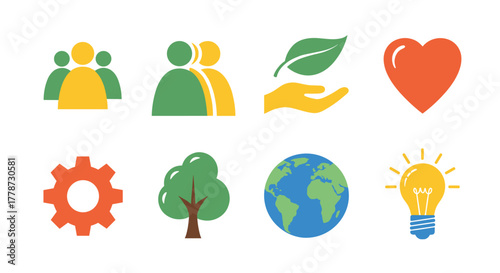 Teamwork, Collaboration and Environmental Responsibility: Icons Representing Sustainable Development, Innovation, and Community Support for Business, NGOs, and Social Enterprises Working Towards a Gre