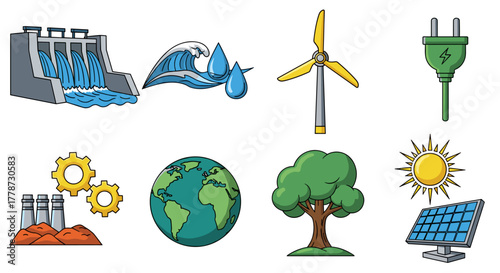 Renewable Energy Sources Concept: Powering a Sustainable Future with Eco-Friendly Solutions, Featuring Hydropower Dams, Wind Turbines, Solar Panels, and Water Conservation Promoting Green Technology f