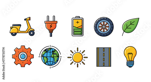 Illustrative Eco-Friendly Transport Icons Representing Sustainable Solutions on a White Background Emphasizing Clean Energy, Environmentally Conscious Mobility and Ecological Awareness in Modern Desig