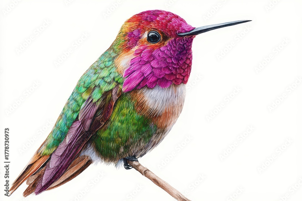 Obraz premium Realistic hand drawing of a colorful hummingbird perched on a branch showcasing vibrant plumage in a naturalistic style