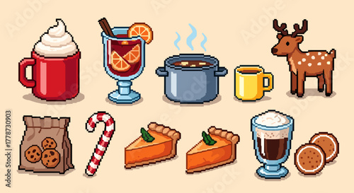 Festive Pixel Art: Cozy Winter Holiday Scene with Hot Chocolate, Mulled Wine, Pumpkin Pie and Christmas Cookies in a Hand-Drawn Style Illustration for Seasonal Greetings, Marketing and Creative Projec