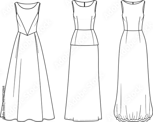 Women's Formal Maxi Dress Technical Sketch Set, Peplum, Tailored Bodice, and A-Line Skirt, CAD Vector Templates, Evening Wear Apparel Mockup.