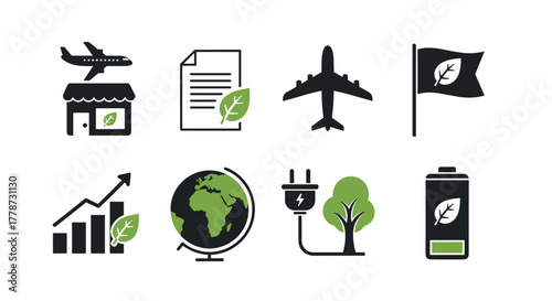 Eco-Friendly Business Practices Illustrations Set Promoting Sustainability & Renewable Energy, Showing Green Technology, Environmental Awareness & Corporate Responsibility for Presentations & Marketin