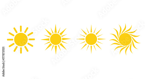 Set of Graphic Yellow Suns Shining Brightly on a Summer Day, Symbolizing Happiness, Energy, and Warmth for Weather Forecasts, Vacation Planning, and Children's Education Materials, in Clean Minimalist