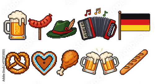 Oktoberfest Pixel Art Celebration: Traditional German Beer Festival featuring Food, Music, and National Pride, a Retro Pixelated Graphic for Events, Parties, and Cultural Heritage Designs, Celebratory