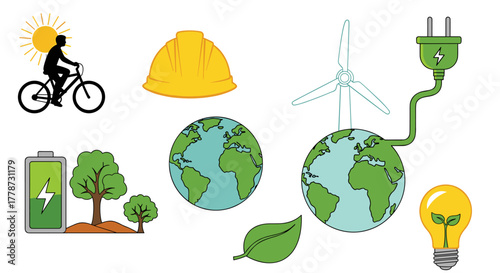 Sustainable Energy and Eco-Friendly Lifestyle Concept: Renewable Resources Powering a Greener Future with Solar Biking, Wind Turbines, and Battery Storage for Environmental Conservation in a Healthy P