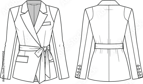 Women's Tailored Wrap Blazer Fashion Technical Flat Sketch, Front and Back View, CAD Vector Drawing, Belted Jacket Design Template, Apparel Mockup, Professional Wear.