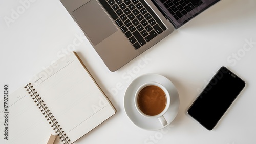 Minimalist workspace with laptop notebook coffee and smartphone