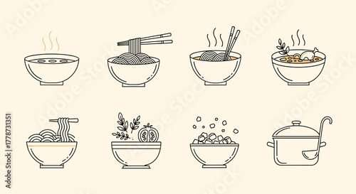 Minimalist Food Illustrations: Diverse Asian Soups and Stews in Bowls, Line Art Collection for Culinary Presentations & Restaurant Menus, Featuring Ramen, Broth & Chicken Soup, Modern Simple Design fo