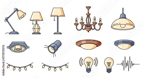 Illustrative Lighting Fixtures Representing Electrical Illumination Options for Homes and Buildings, Showing Lamps, Chandeliers, and Bulb Variations in Detailed Line Art Style, Ideal for Interior Desi