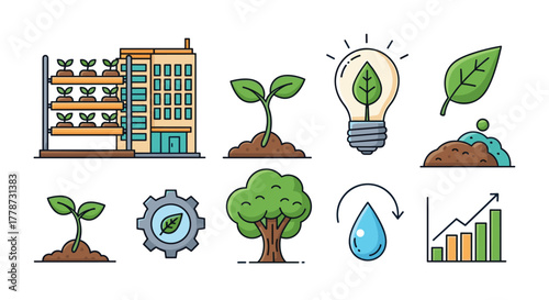 Sustainable Eco-Friendly Development and Growth Illustrations for Green Business: Representing Ecology, Conservation, and Renewable Energy in Modern Graphic Style for Environmentally Conscious Designs