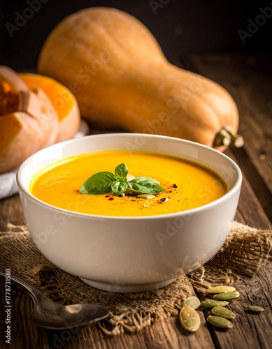 Butternut squash soup bowl, Generated image	
