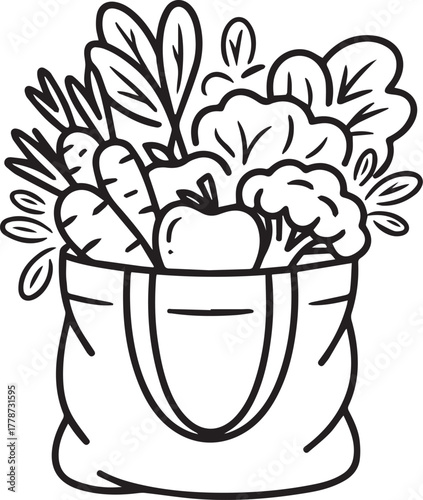 Hand drawn illustration of a reusable grocery bag filled with fresh vegetables and fruits perfect for healthy eating and sustainable shopping concepts
