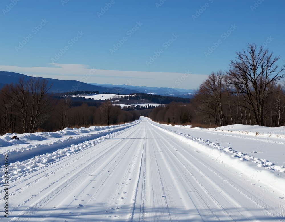 Obraz premium Serene Snowy Landscape with Road and Blue Sky