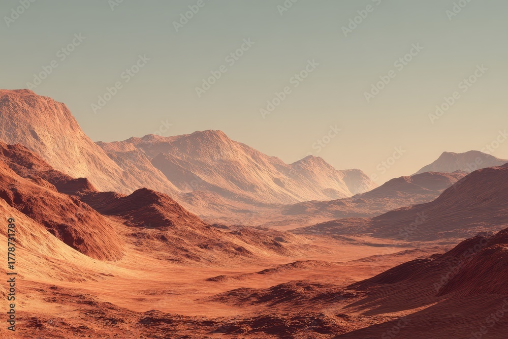 Naklejka premium Imaginary Martian landscape depicting red rocky terrain and distant mountains under a clear sky at dusk