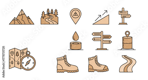Hiking and Outdoor Adventure Icons Set: Planning a Wilderness Expedition with Navigation Map, Compass, and Trail Signposts for Tourism, Recreation, Travel and Exploration Graphics, Modern Style, Vecto