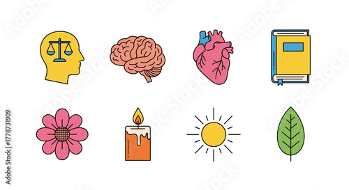 Balanced Mind & Body Wellness Concepts: Justice in Thoughts, Brain Function, Heart Health, & Lifelong Learning - With Flower Blossom, Candlelight, Sunshine & Leaf - Promoting Harmony, Knowledge, & Gro