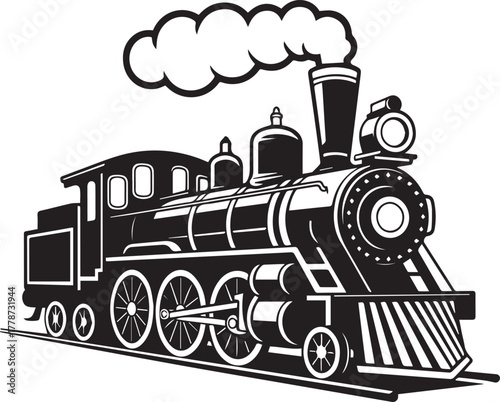 Vintage steam locomotive with billowing smoke a classic american train from the past depicted in a detailed black and white illustration on a white background