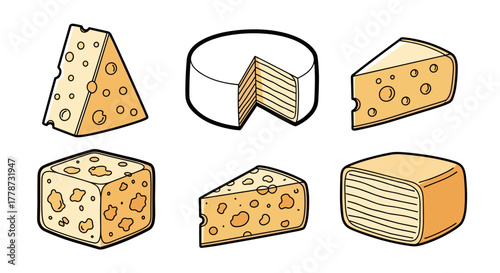 Cartoon Cheese Collection Still Life: Various Shapes and Styles of Cheese for Culinary Concepts, Food Illustration, Nutrition Education, Menu Design, and Gourmet Food Packaging, a Lighthearted and Mod