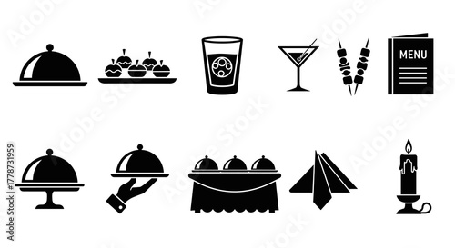 Elegant Restaurant Dining Experience: Featuring gourmet food service, fine dining menu, cocktail beverages served with skewered appetizers, candles, and folded napkins, ideal for catering services, ev