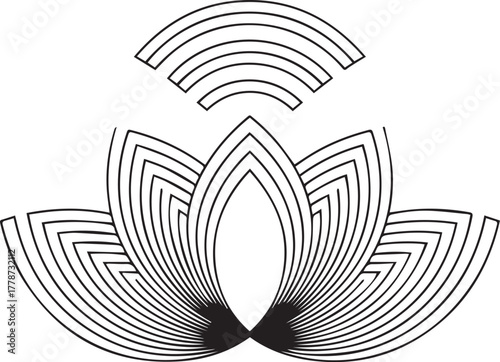 Abstract geometric lotus flower illustration with radiating concentric lines symbolizing peace harmony and spiritual growth in a minimalist black and white design