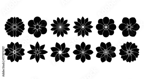 Set of Stylized Black Flowers in a Row for Botanical Illustration and Design Element Needs, Perfect for Springtime Wedding Invitations and Nature-Themed Projects, Offering Decorative Floral Silhouette