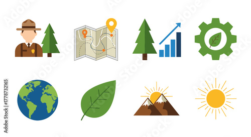 Ecology Conservation Icons: Eco-Friendly Tourism & Environmental Stewardship Concepts Depicting Nature, Sustainability & Renewable Energy Solutions for Presentations & Educational Materials(200/200)S