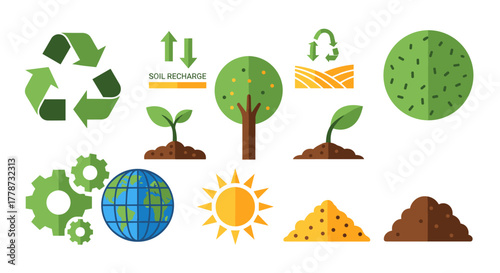 Ecology and Environmental Protection Icons Illustrating Sustainability: Renewable Energy Sources, Soil Recharge, Conservation, Planting Trees in a Modern Graphic Resource for Business and Industry Pro
