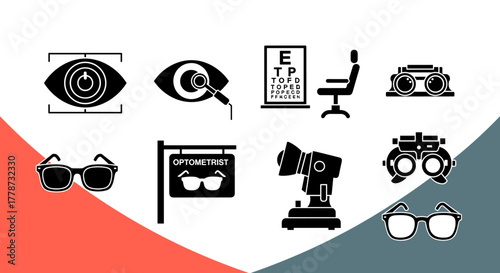 Optometrist Examines Vision with Eye Test, Eye Exam, Diagnosis, and Treatment in Modern Healthcare Clinic, Offering Eyeglasses, Frames, and Lenses for Improved Sight, Perfect for Medical Presentations