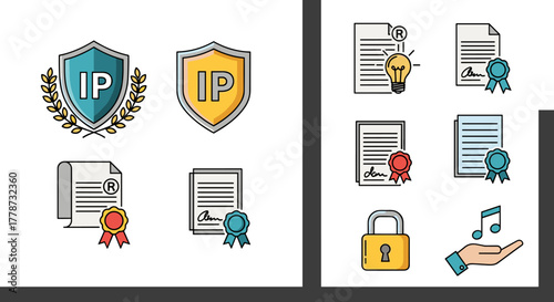 Intellectual Property Protection Icons Representing Copyright, Trademark, and Patents for Business and Legal Presentations, Protecting Creative Assets and Innovation Rights with Modern Design Elements