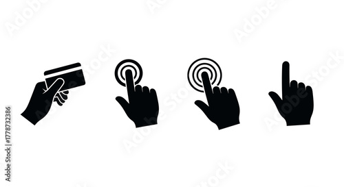 Digital Payment and Interaction Icons with Hands: Contactless Transactions, Touch Gestures for Modern Technology in Business, E-Commerce, and Online Shopping, Perfect for Website UI/UX Design and Mark