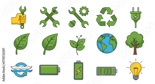 Sustainable Technology Icons: Powering Green Solutions in Modern Business Environments, Featuring Renewable Energy, Eco-Friendly Tools, and Recycle Symbols, Ideal for Environmental Presentations, Clea