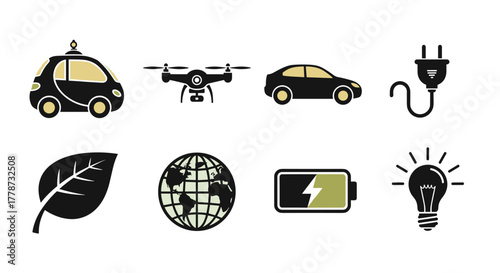 Sustainable Eco-Friendly Technology Icons Set Depicting Environmental Conservation, Renewable Energy, and Green Transportation Solutions for a Clean Future, Showcasing Innovation and Responsibility wi