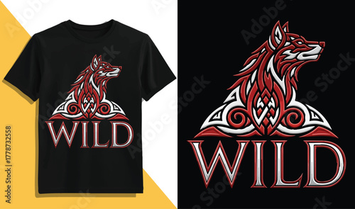Celtic Wolf Head and Skull Wild T-Shirt Vector Illustration. Tribal Knotwork Mascot Design for Apparel, Streetwear, Merchandise