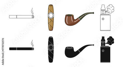 Diverse Smoking Options on White Backdrop: Featuring Cigarette, Cigar, Pipe, and Vape for Illustrative Comparison, Depicting Tobacco Use & Vaping in Modern Lifestyle, Representing Habitual Accessories