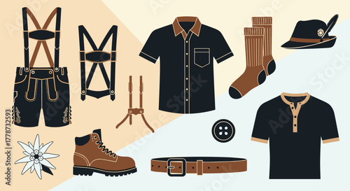 Traditional Bavarian Outfit Isolated on Split Background: Lederhosen, Shirt, Hat, and Boots for Oktoberfest Celebrations, Cultural Festivals, Tourism Marketing, and Fashion Design, Illustration Style