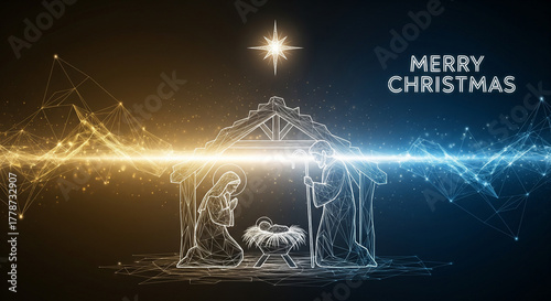 Digital Nativity Scene: Wireframe Holy Family with Cosmic Energy Waves