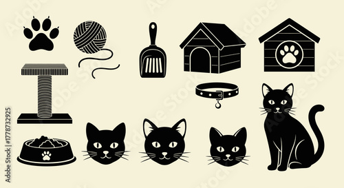 Playful Cat Companion Icons Collection:  Feline Friend with Accessories Illustration for Veterinary Clinic Promotion, Pet Store Design, Animal Shelter Website, Kitten Care Guide, Modern Black Silhouet